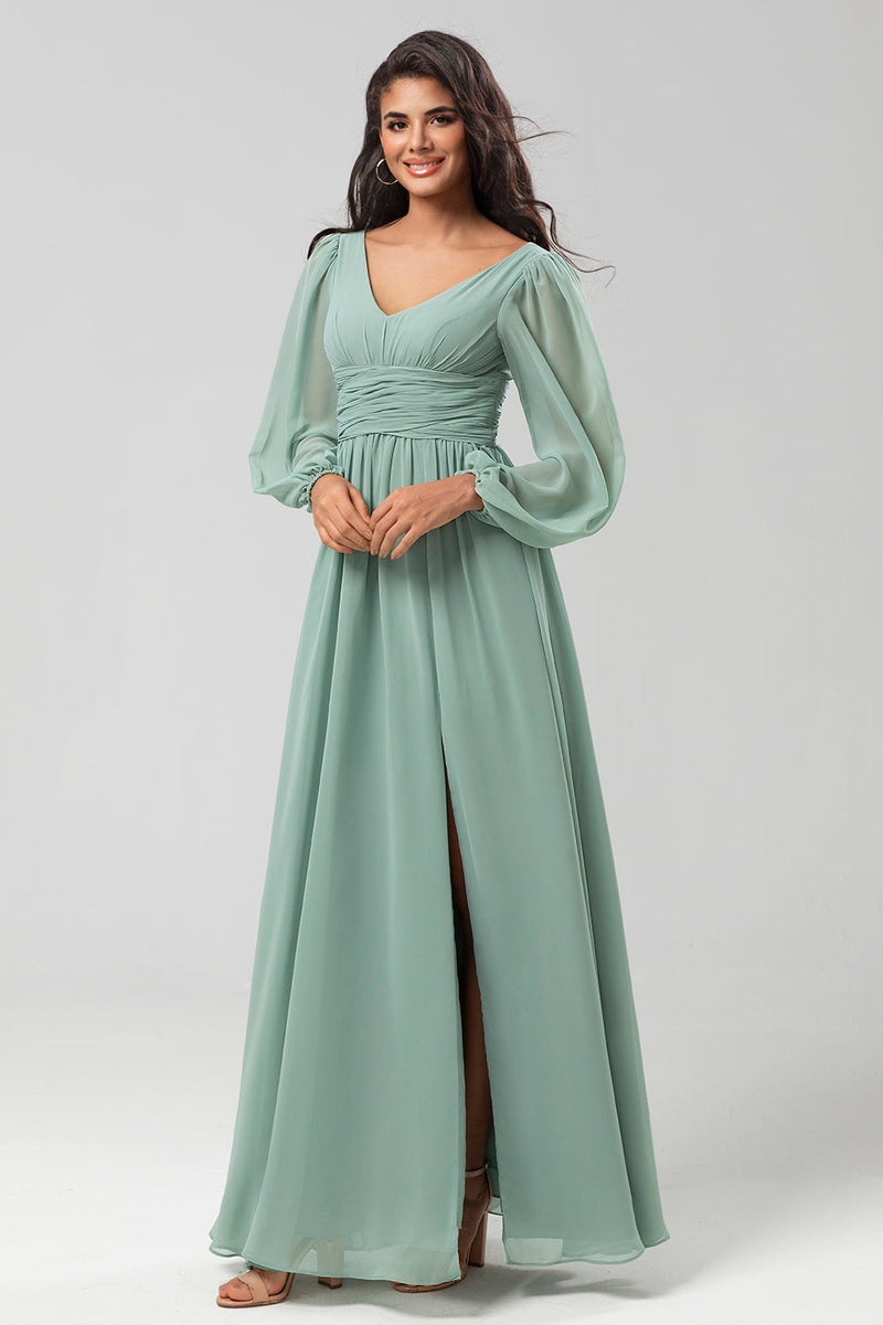 Load image into Gallery viewer, A Line Green Long Sleeves Bridesmaid Dress with Slit