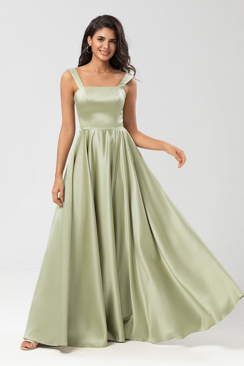 Load image into Gallery viewer, Satin A Line Green Bridesmaid Dress with Pockets