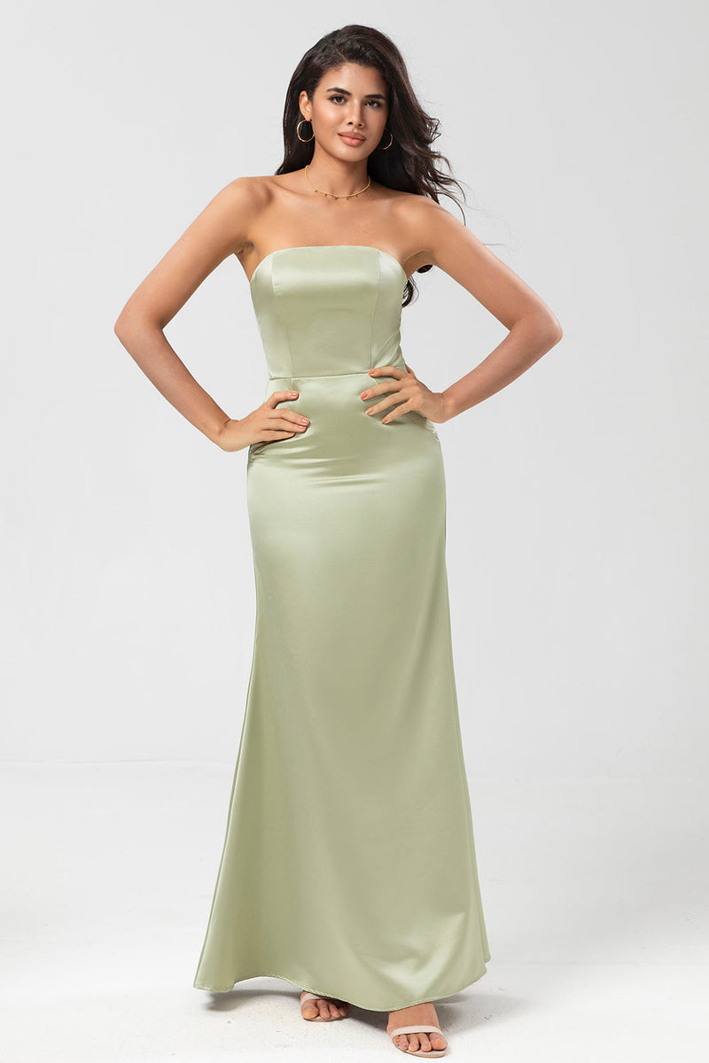 Load image into Gallery viewer, Strapless Satin Sheath Simple Green Bridesmaid Dress