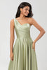 Load image into Gallery viewer, One Shoulder Satin Green Bridesmaid Dress with Pockets
