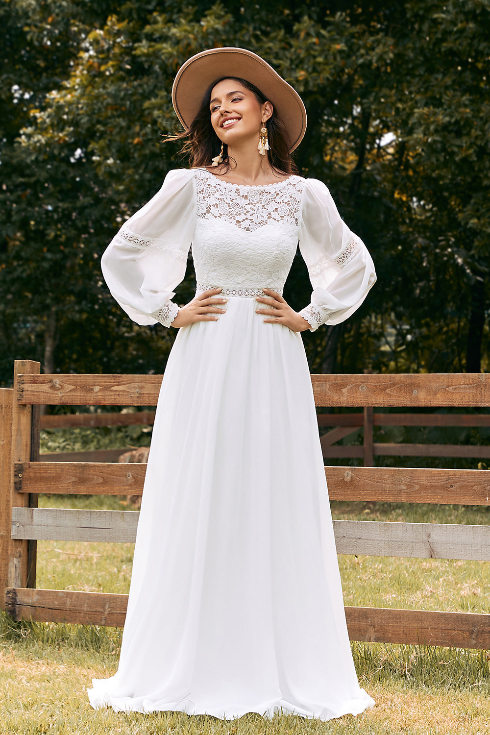 Ivory Bateau Chiffon Long Boho Wedding Dress with Lace