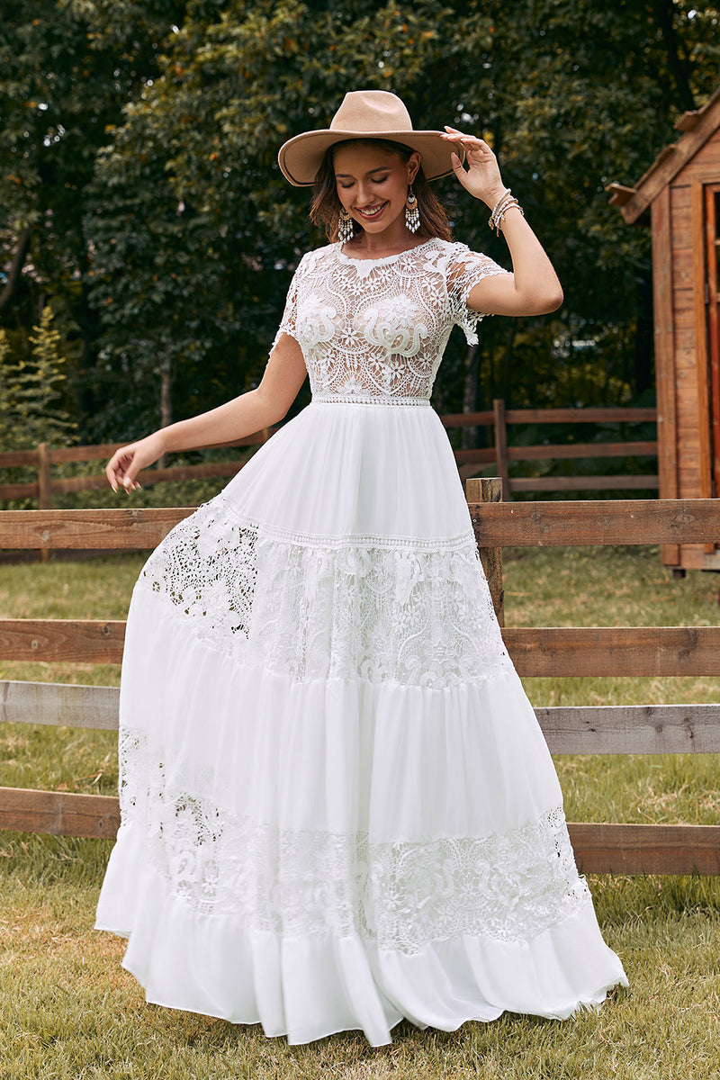 Load image into Gallery viewer, Ivory Short Sleeves Boho Chiffon Wedding Dress with Lace