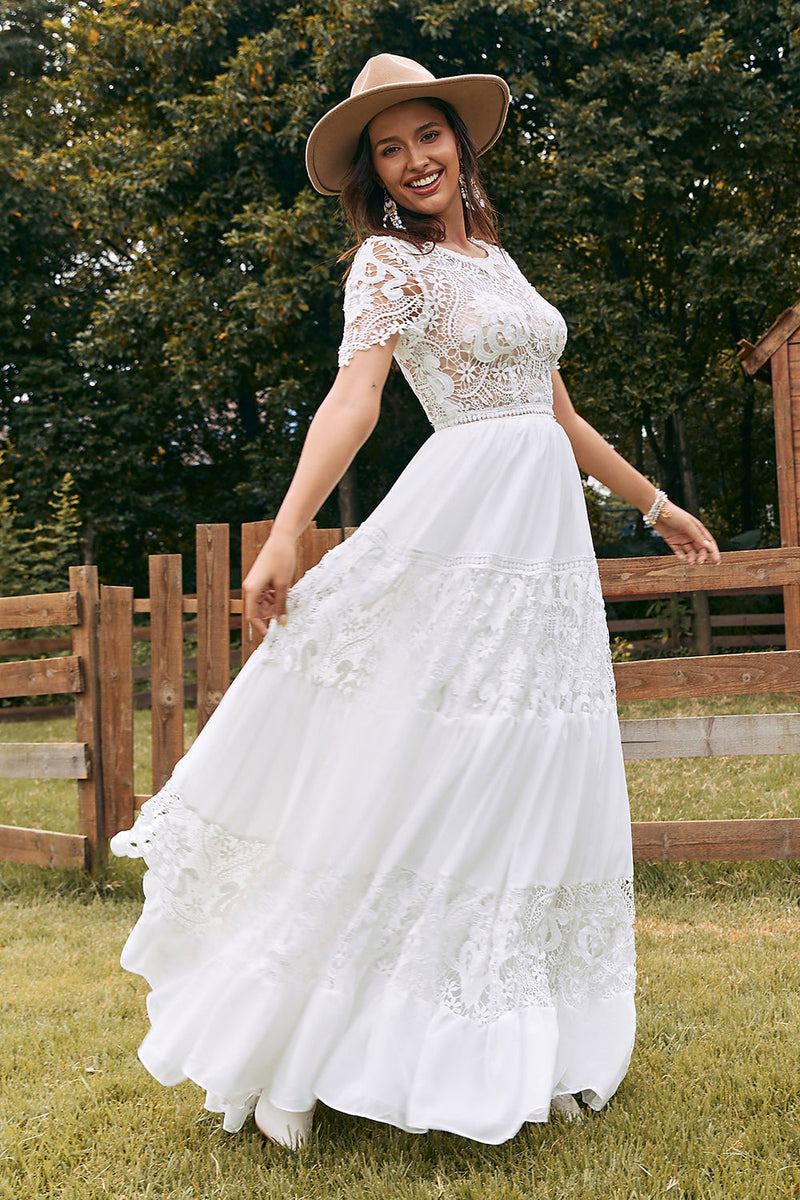 Load image into Gallery viewer, Ivory Short Sleeves Boho Chiffon Wedding Dress with Lace