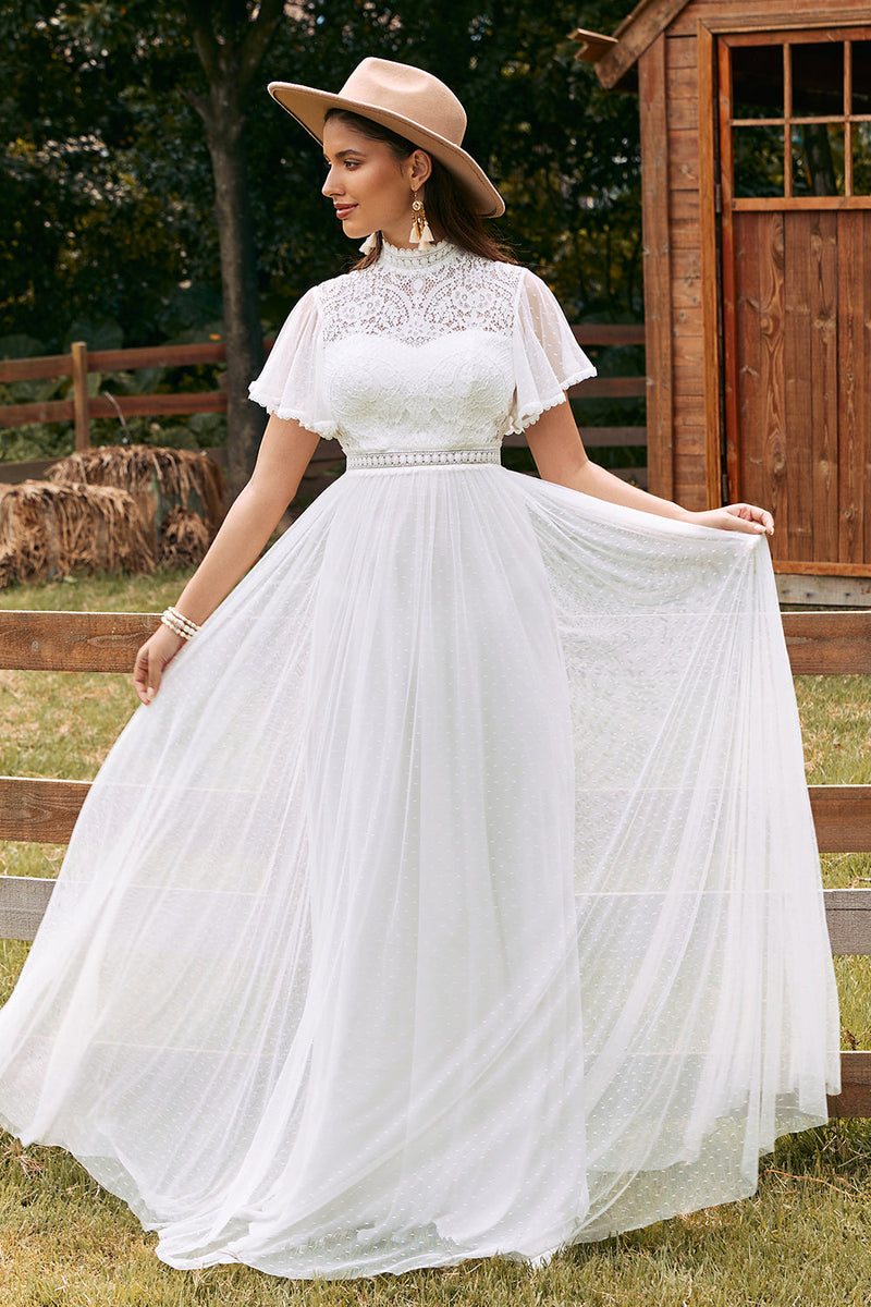 Load image into Gallery viewer, Vintage Ivory Chiffon Boho Wedding Dress with Lace
