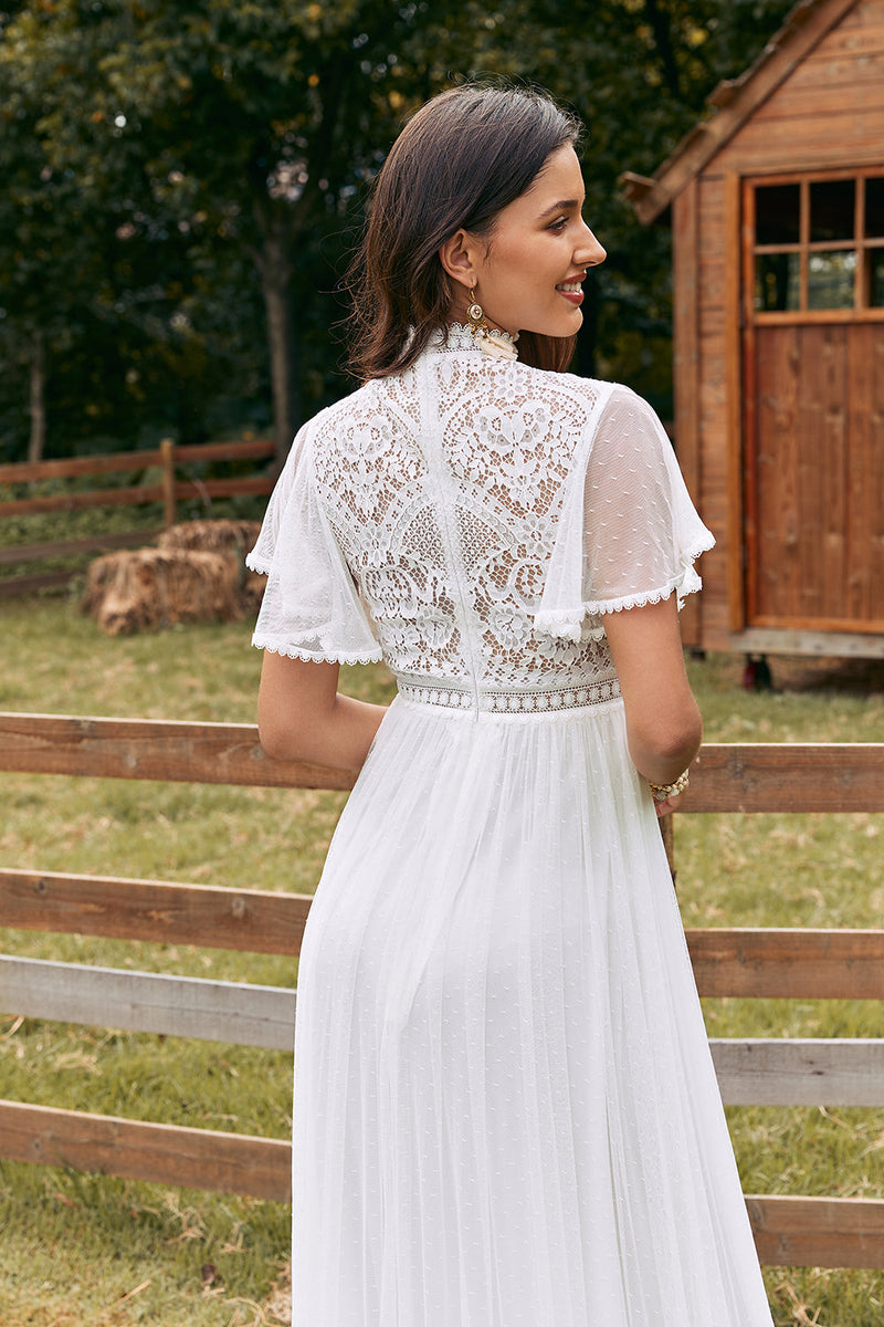Load image into Gallery viewer, Vintage Ivory Chiffon Boho Wedding Dress with Lace