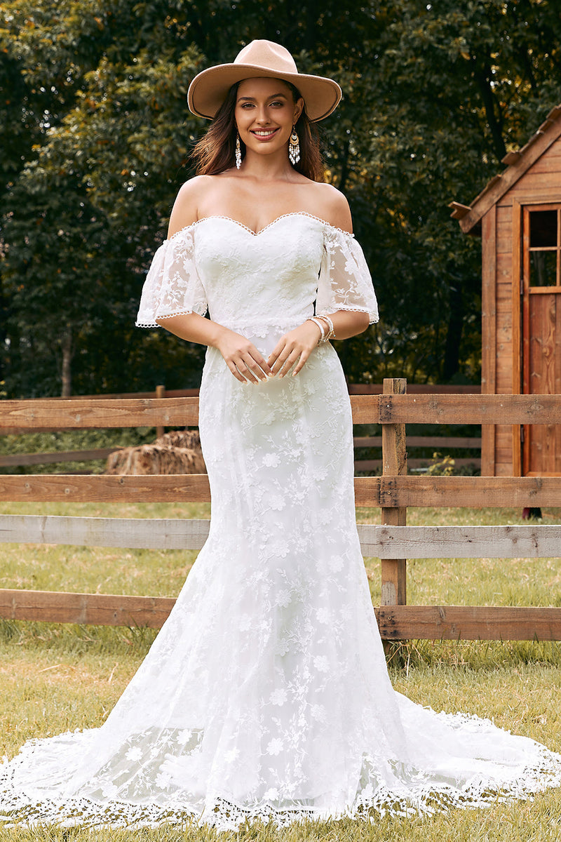 Load image into Gallery viewer, Ivory Mermaid Lace Sweep Train Wedding Dress with Sleeves