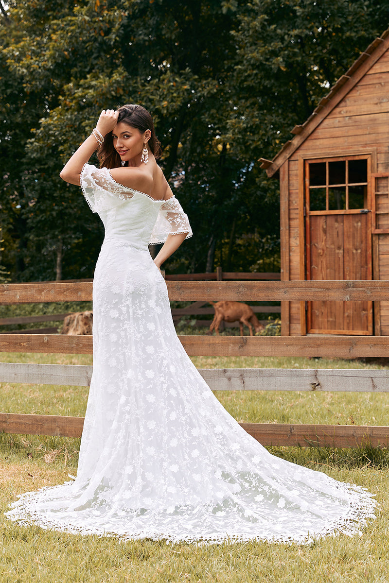 Load image into Gallery viewer, Ivory Mermaid Lace Sweep Train Wedding Dress with Sleeves