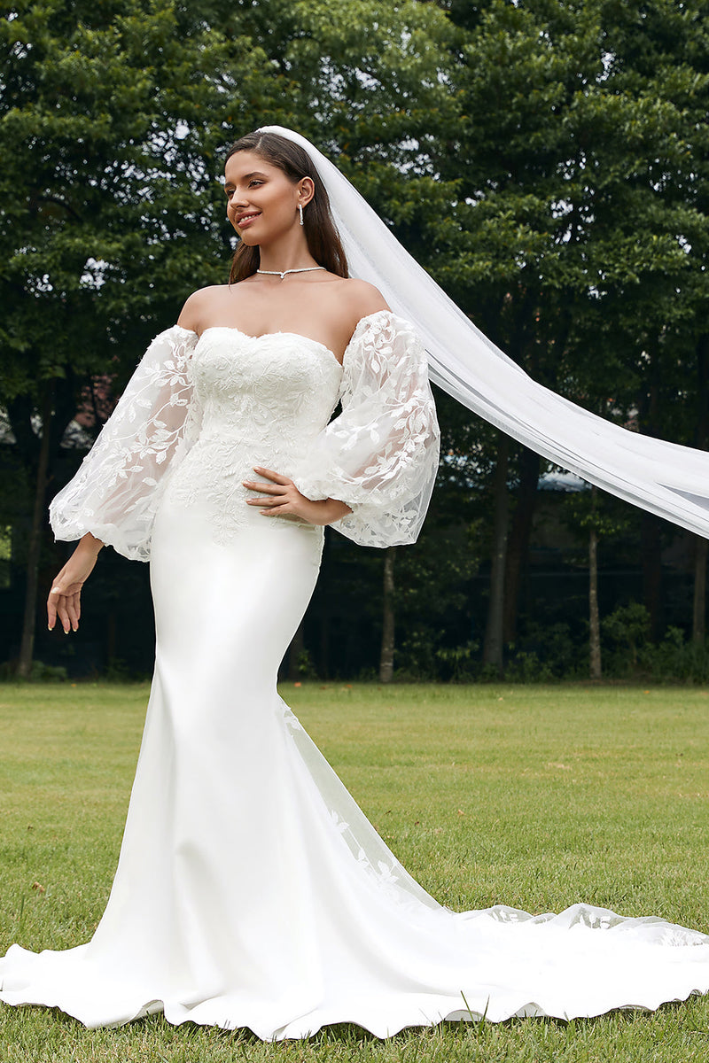 Load image into Gallery viewer, Ivory Mermaid Sweetheart Detachale Long Sleeves Wedding Dress with Lace
