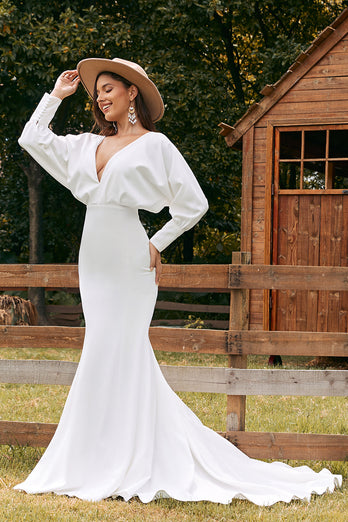 Simple Ivory Long Sleeves Mermaid Wedding Dress