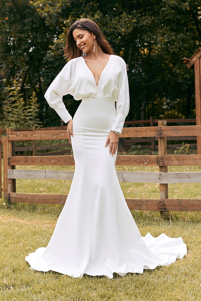 Load image into Gallery viewer, Simple Ivory Long Sleeves Mermaid Wedding Dress