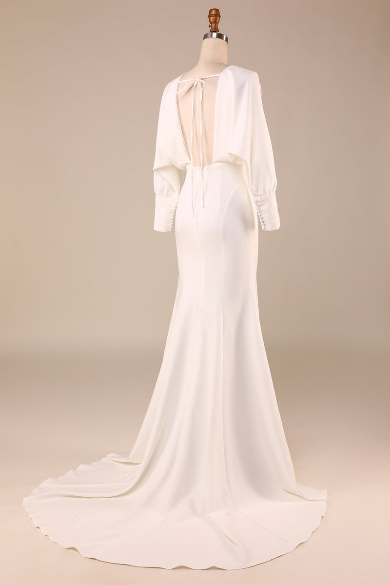 Load image into Gallery viewer, Simple Ivory Mermaid Long Sleeves Deep V-Neck Wedding Dress