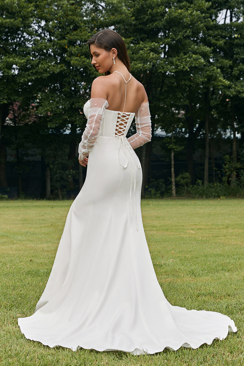 Load image into Gallery viewer, Simple Ivory Detachable Illusion Long Sleeves Mermaid Wedding Dress with Slit