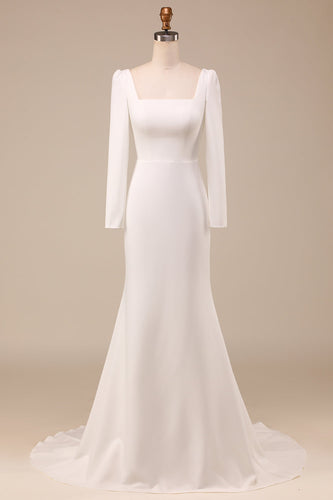 Ivory Mermaid Square Neck Bridal Dress With Long Sleeves
