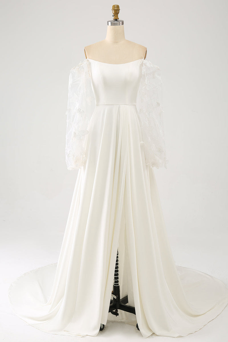 Load image into Gallery viewer, Ivory A Line Long Chiffon Wedding Dress With 3D Butterflies Long Sleeves
