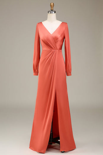 A-Line V-Neck Terracotta Satin Bridesmaid Dress With Slit