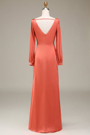 A-Line V-Neck Terracotta Satin Bridesmaid Dress With Slit