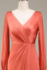 Load image into Gallery viewer, A-Line V-Neck Terracotta Satin Bridesmaid Dress With Slit