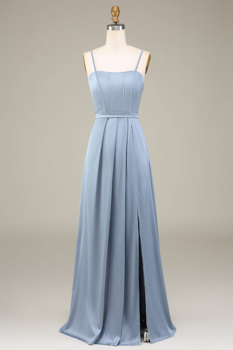 Load image into Gallery viewer, Blue A-Line Spaghetti Straps Satin Long Bridesmaid Dress