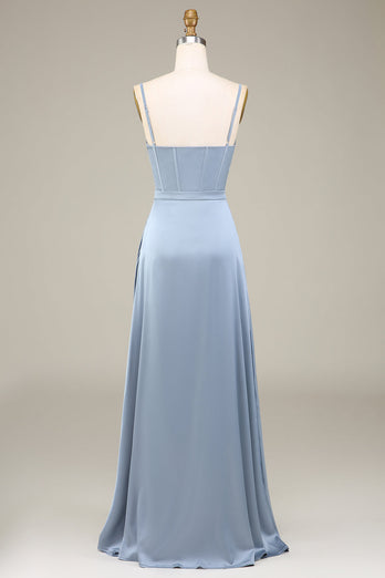 Blue A-Line Spaghetti Straps Satin Long Bridesmaid Dress