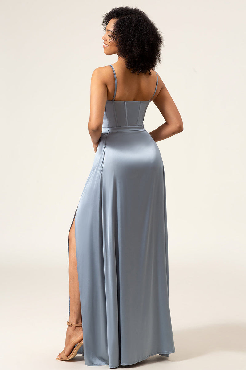 Load image into Gallery viewer, A-Line Spaghetti Straps Dusty Blue Satin Long Bridesmaid Dress