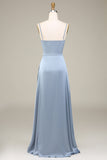 Blue A-Line Spaghetti Straps Satin Long Bridesmaid Dress