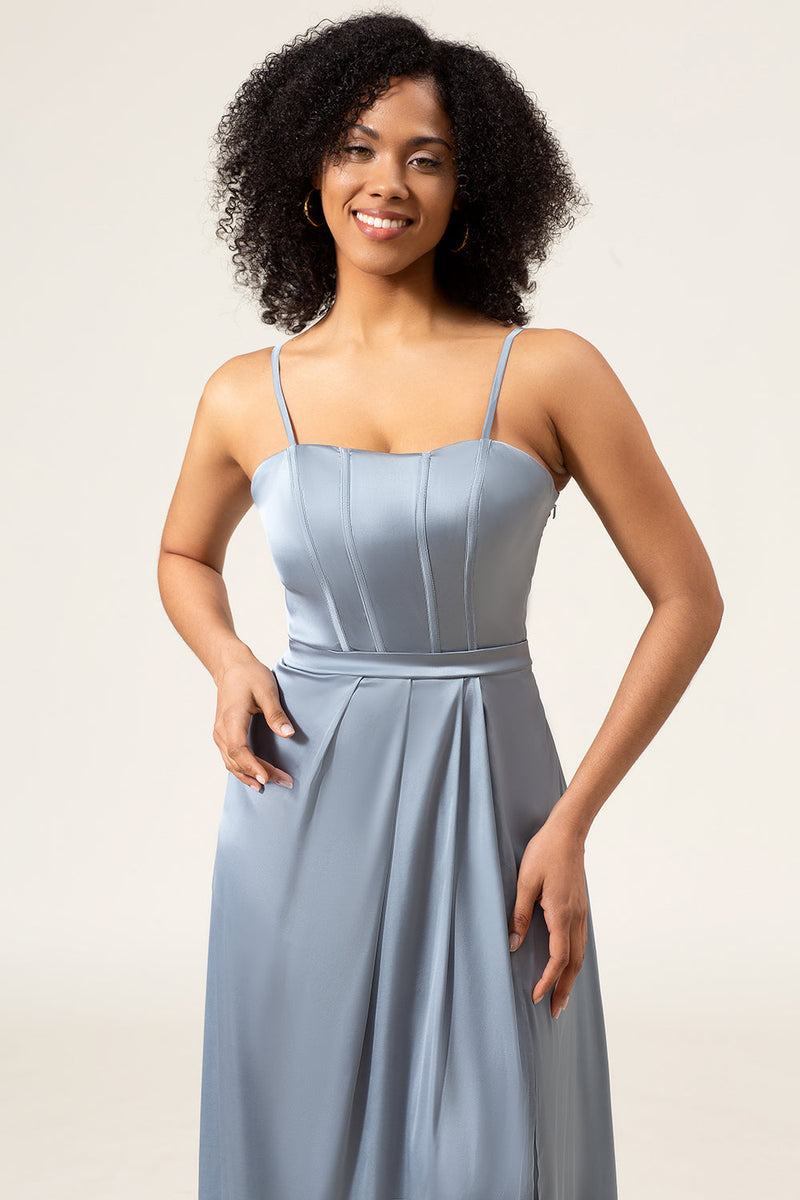 Load image into Gallery viewer, A-Line Spaghetti Straps Dusty Blue Satin Long Bridesmaid Dress