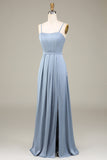 Blue A-Line Spaghetti Straps Satin Long Bridesmaid Dress