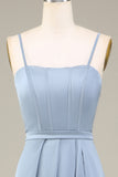 Blue A-Line Spaghetti Straps Satin Long Bridesmaid Dress