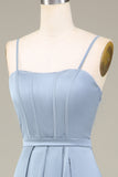 Blue A-Line Spaghetti Straps Satin Long Bridesmaid Dress