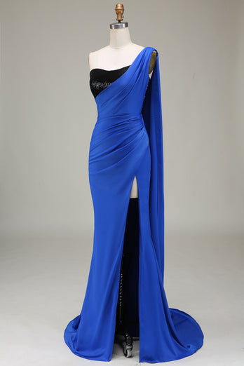 Royal Blue One Shoulder Satin and Sequin Mermaid Pleated Prom Dress with Slit