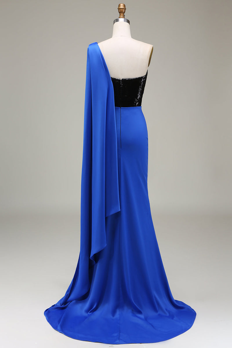Load image into Gallery viewer, Royal Blue One Shoulder Satin and Sequin Mermaid Pleated Prom Dress with Slit