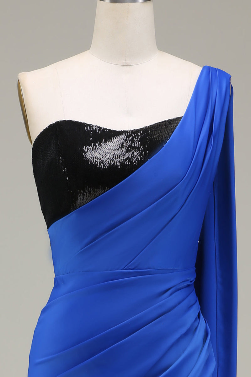Load image into Gallery viewer, Royal Blue One Shoulder Satin and Sequin Mermaid Pleated Prom Dress with Slit
