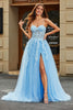 Load image into Gallery viewer, Tulle A-Line Spaghetti Straps Sky Blue Long Corset Prom Dress with Appliques