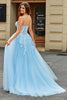 Load image into Gallery viewer, Tulle A-Line Spaghetti Straps Sky Blue Long Corset Prom Dress with Appliques