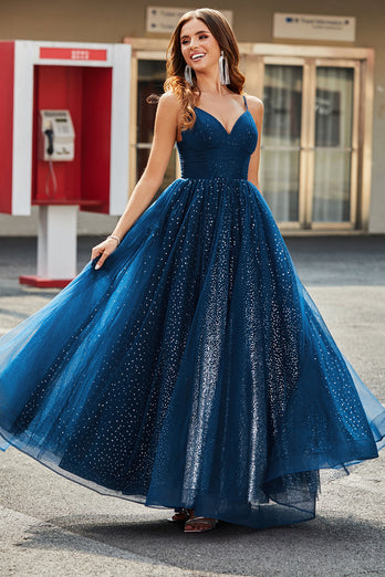 Navy A-Line V-Neck Long Beaded Tulle Prom Dresses With Pleated