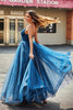 Load image into Gallery viewer, Navy A-Line V-Neck Long Beaded Tulle Prom Dresses With Pleated