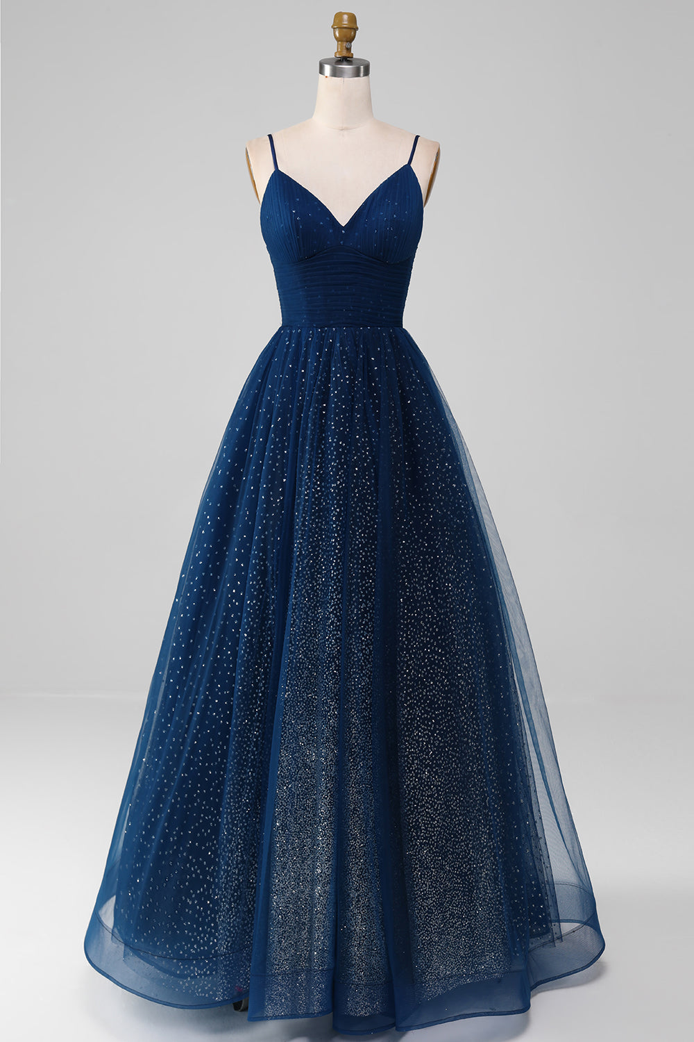 ZAPAKA Women Navy Ball-Gown V-Neck Long Beaded Tulle Prom Dresses With Pleated ZAPAKA UK ZAPAKA Women Navy Ball-Gown V-Neck Long Beaded Tulle Prom Dresses With Pleated ZAPAKA UK