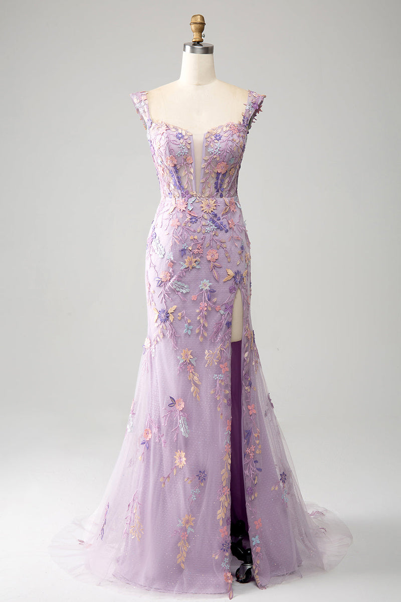 Load image into Gallery viewer, Mauve Off The Shoulder Long Embroidered Mermaid Prom Dress Slit
