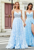 Load image into Gallery viewer, Gorgeous A Line Spaghetti Straps Sky Blue Corset Prom Dress with Appliques