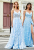 Load image into Gallery viewer, Gorgeous A Line Spaghetti Straps Sky Blue Corset Prom Dress with Appliques