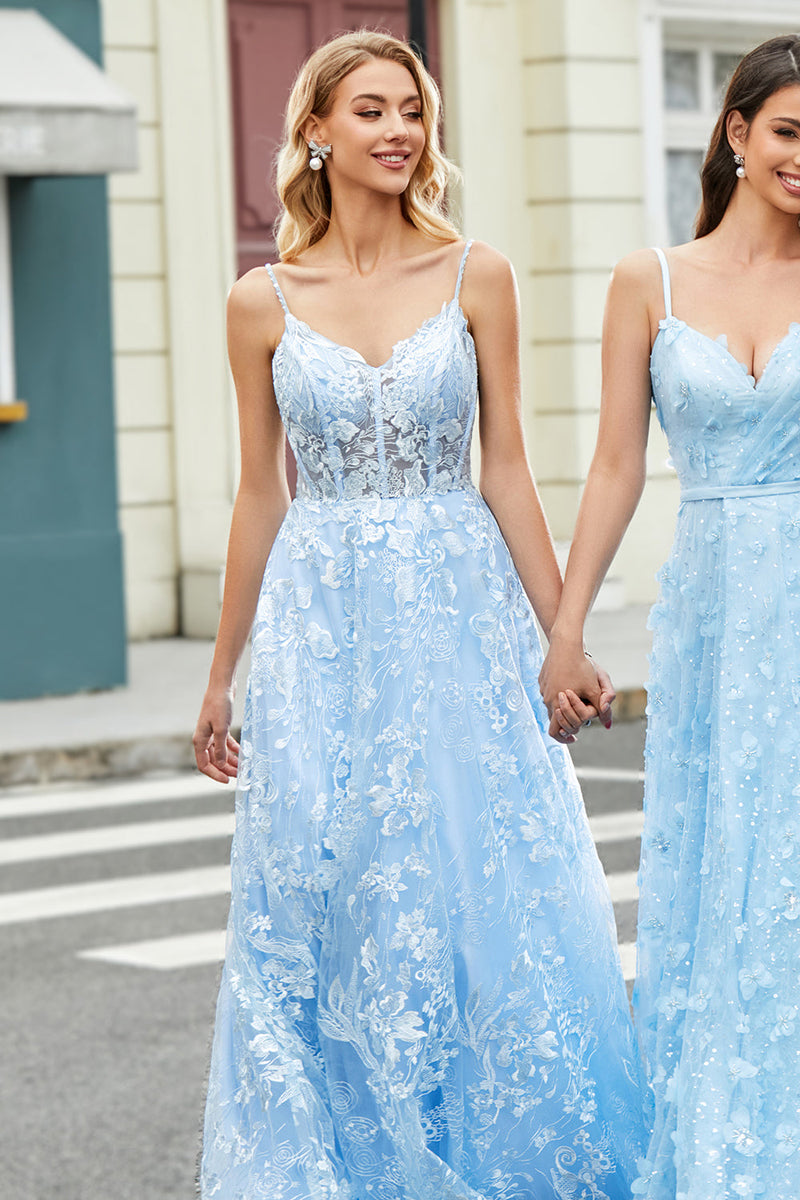 Load image into Gallery viewer, Gorgeous A Line Spaghetti Straps Sky Blue Corset Prom Dress with Appliques