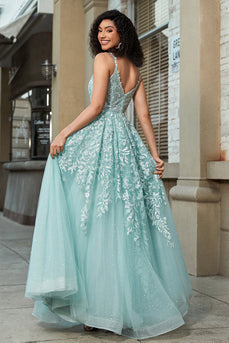 Gorgeous A Line Spaghetti Straps Mint Corset Prom Dress with Appliques