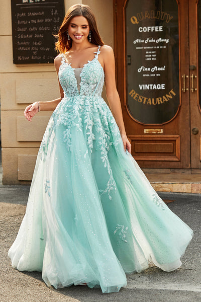 ZAPAKA Women Mint Long Tulle Prom Dress Ball-Gown Off The Shoulder