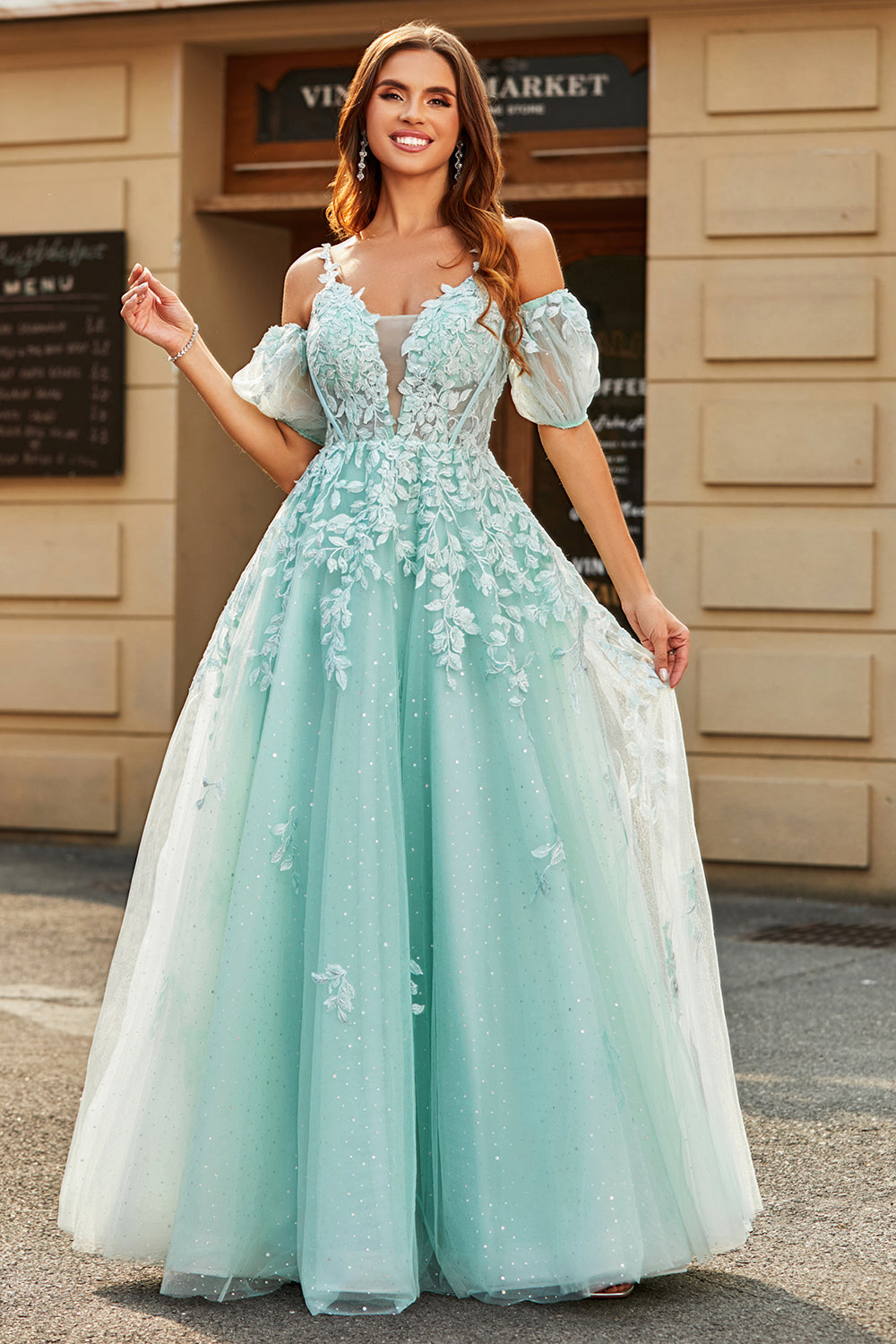 ZAPAKA Women Mint Long Tulle Prom Dress Ball-Gown Off The Shoulder Beaded Evening Dresses With Appliques ZAPAKA UK ZAPAKA Women Mint Long Tulle Prom Dress Ball-Gown Off The Shoulder Beaded Evening Dresses With Appliques ZAPAKA UK