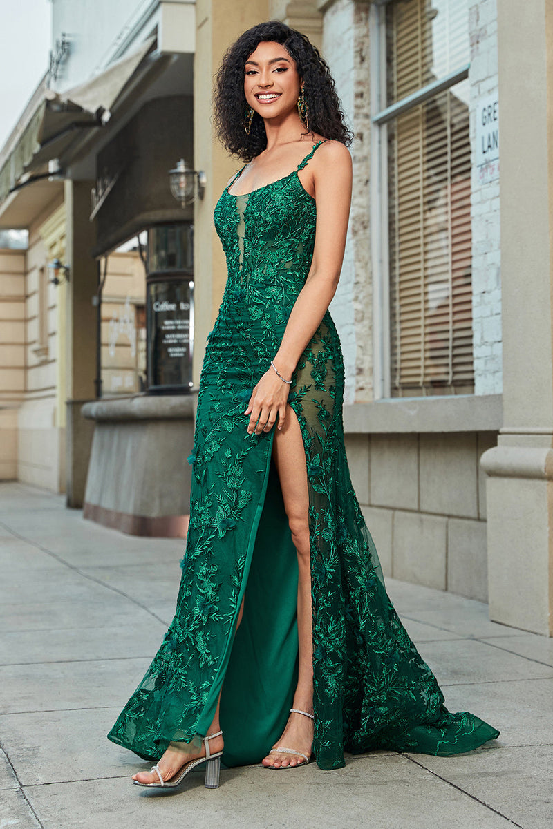 Load image into Gallery viewer, Stylish Mermaid Spaghetti Straps Dark Green Long Prom Dress with Appliques