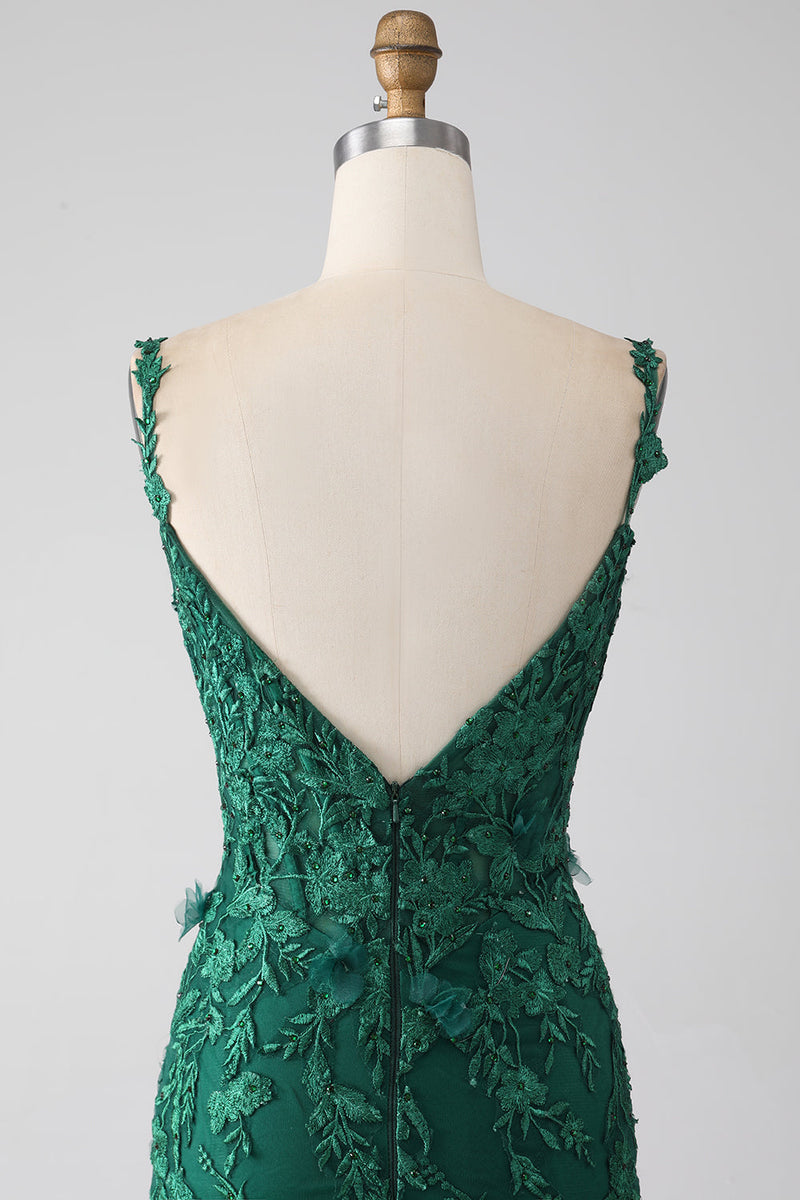 Load image into Gallery viewer, Dark Green Mermaid Spaghetti Straps Long Prom Dress with Appliques