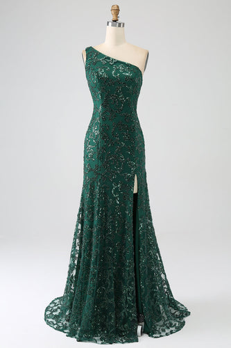 Sparkly Dark Green Beaded Long Mermaid Lace Prom Dress with Slit