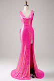 Sparkly Hot Pink Mermaid Prom Dress with Slit
