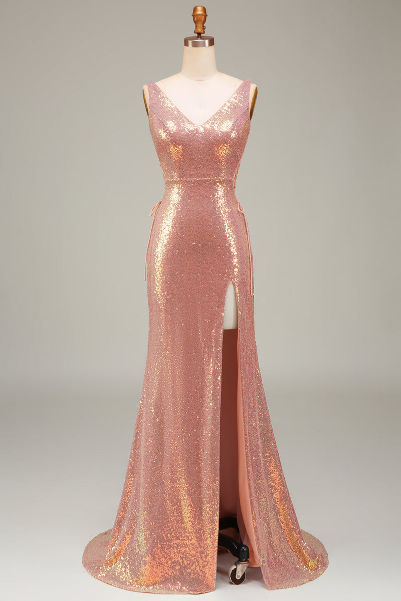Load image into Gallery viewer, Sparkly Hot Pink Mermaid Prom Dress with Slit