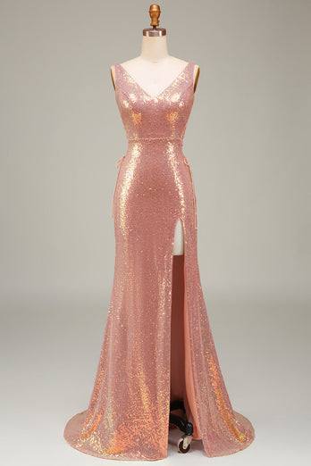 Sparkly Blush Mermaid Prom Dress with Slit